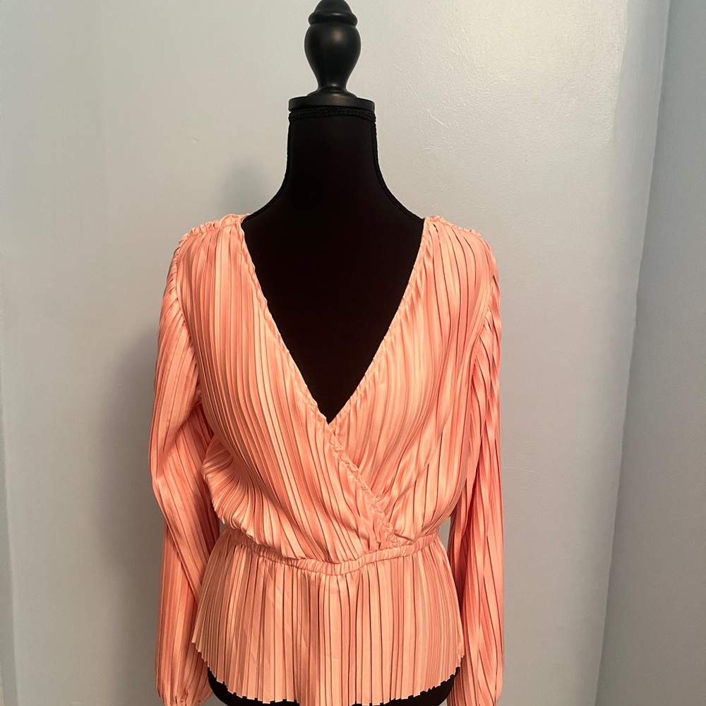 Pleated Peach V-Neck Blouse